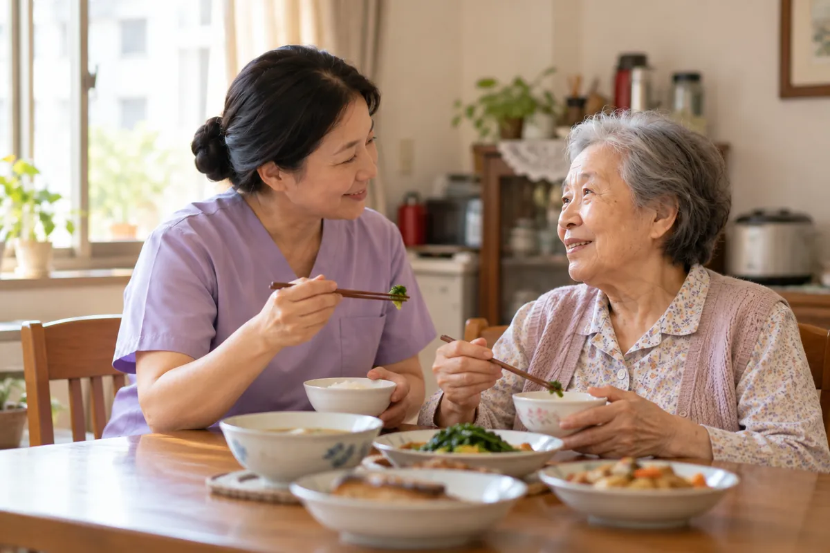照顧服務員陪長輩在家吃飯